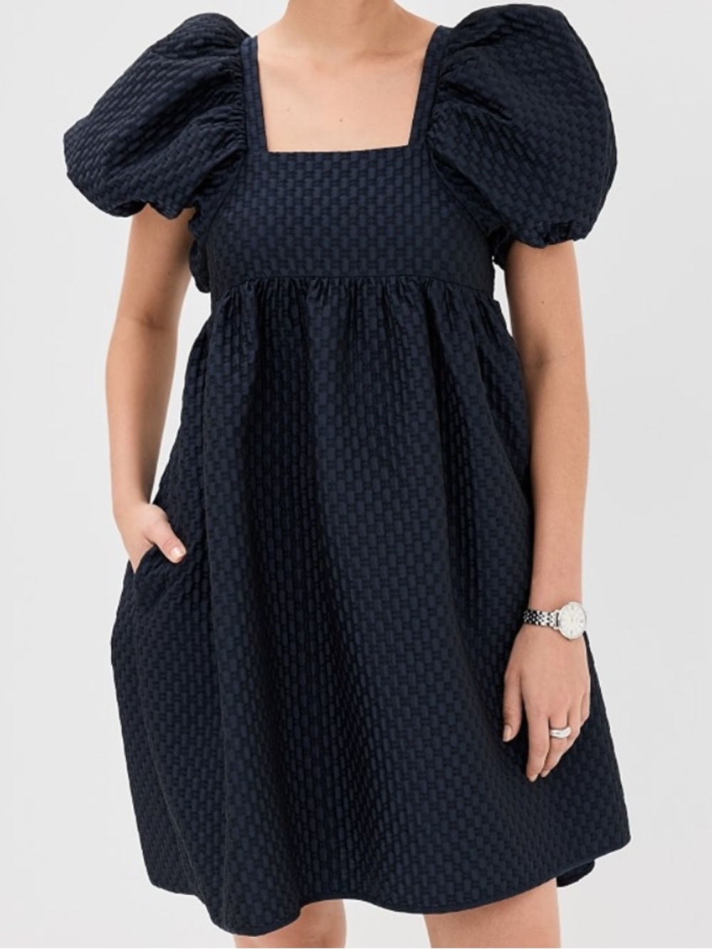 Textured Square Neck Puff Sleeve Mini Dress in Black [Size Large]